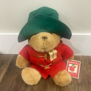 Vintage Paddington Bear Stuffed Animal Plush Red Coat Green Hat 16” Eden Book
